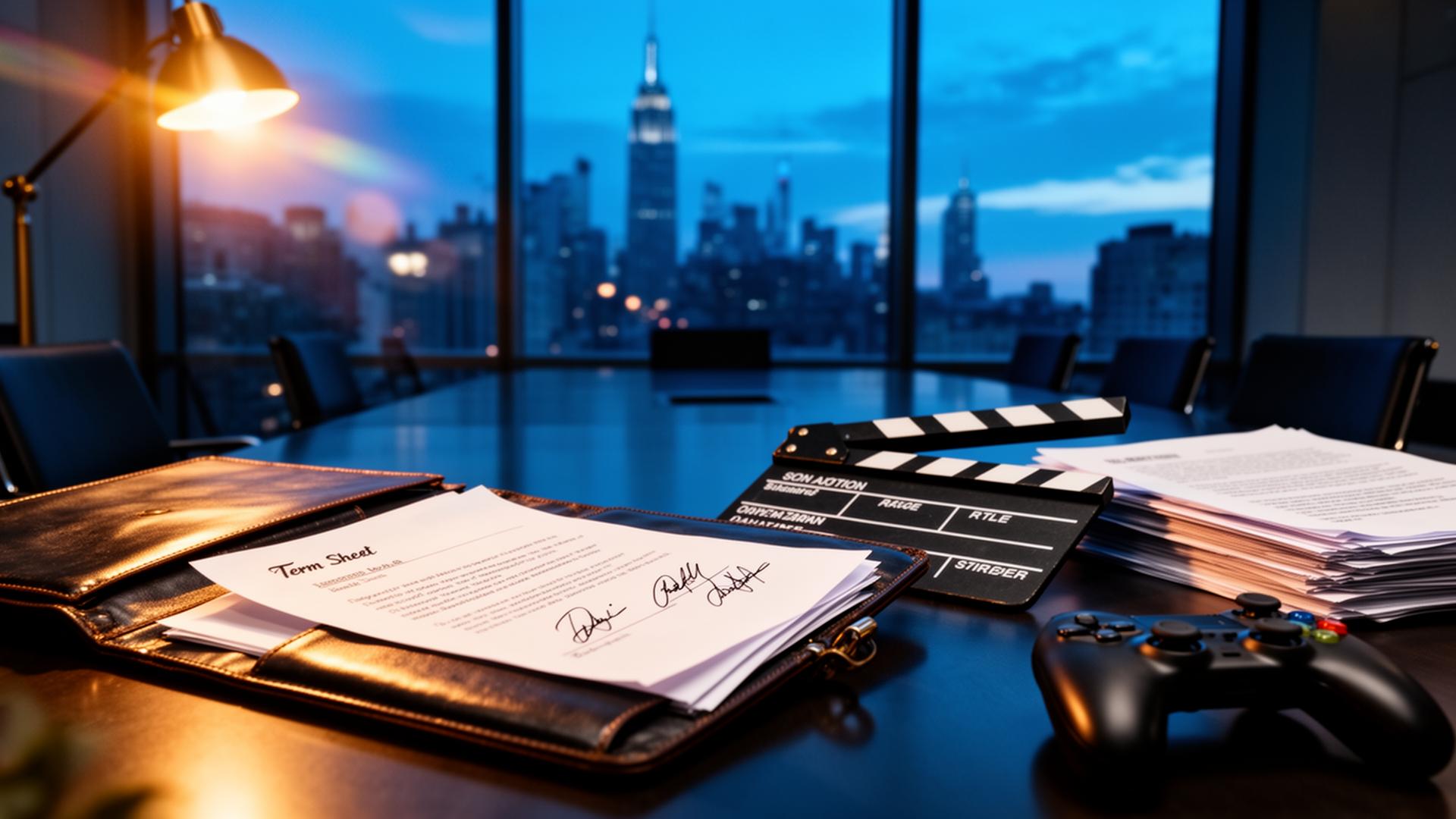 Executive boardroom at blue hour with a signed term sheet, film clapperboard, script pages, and game controller — finance meets entertainment